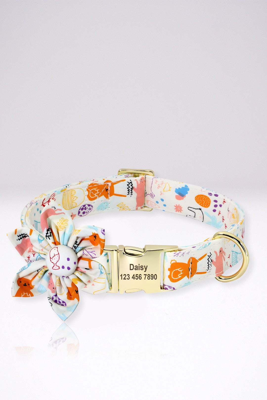 Collier Chien Personnalisé Julie  Blanc Lapin Fleuri en Nylon