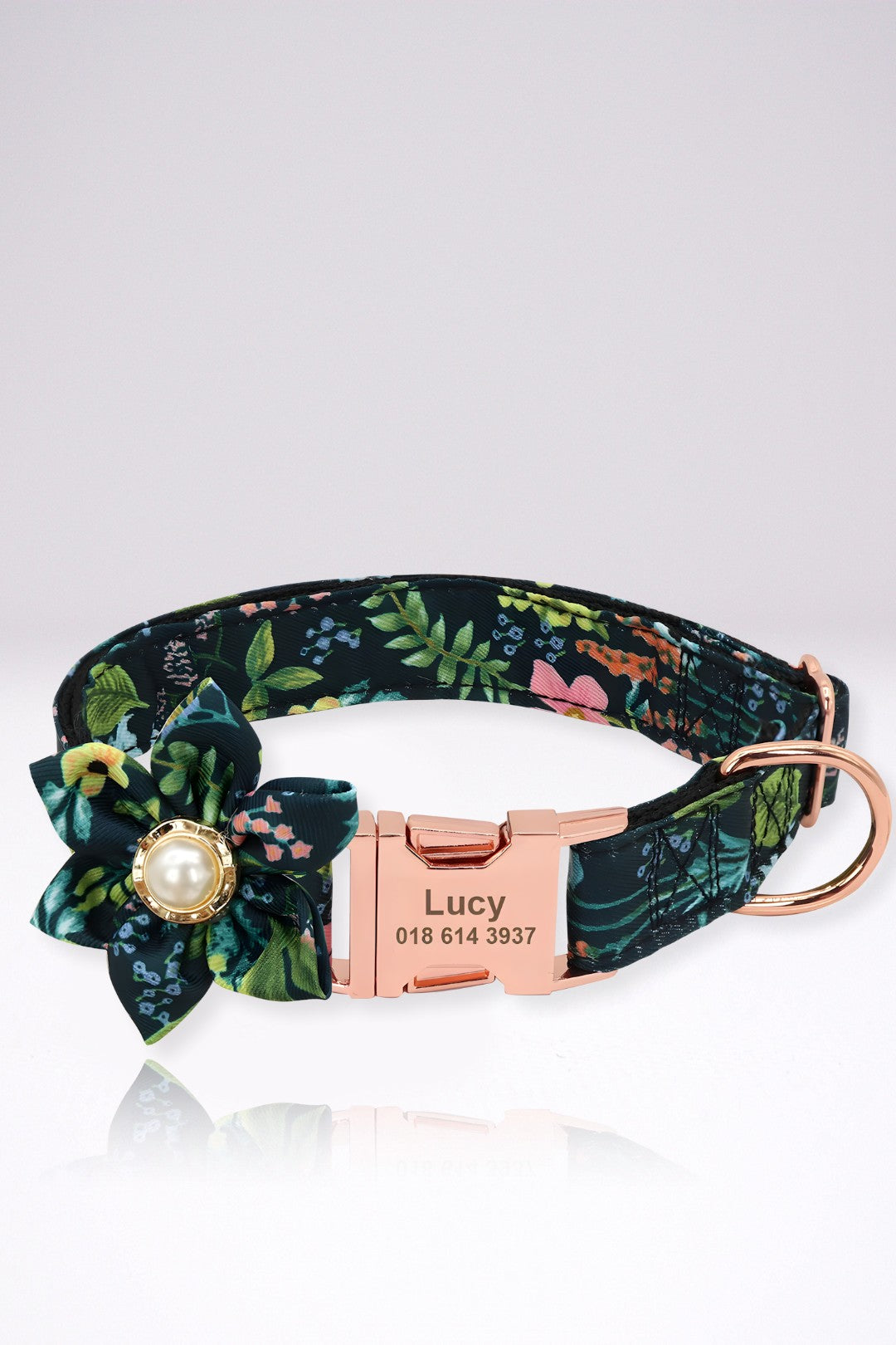 Collier Chien Personnalisé Julie Bleu Fleuri Foncé en Nylon