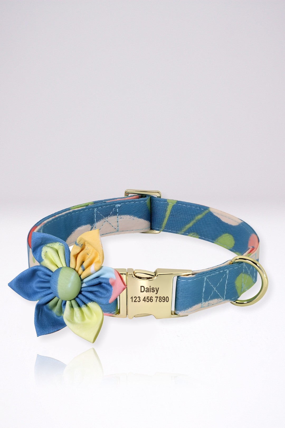 Collier Chien Personnalisé Julie Bleu Fleuri avec Variante en Nylon