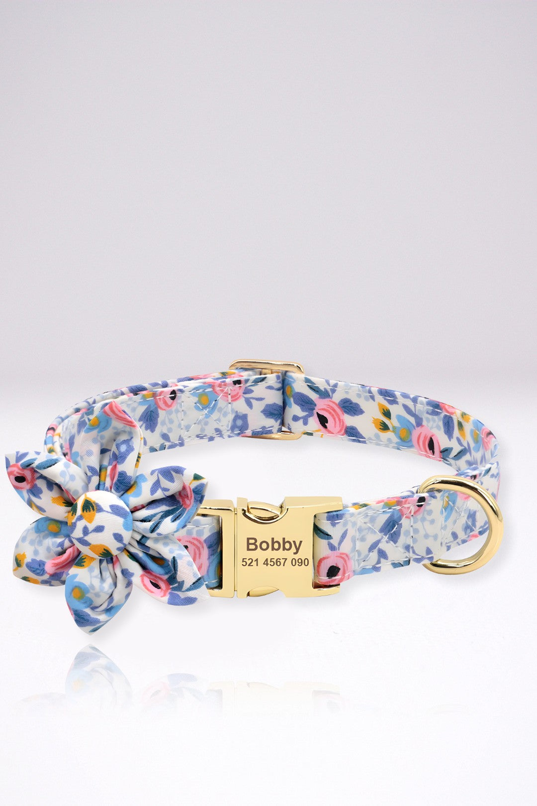 Collier Chien Personnalisé Julie Bleu Fleuri en Nylon