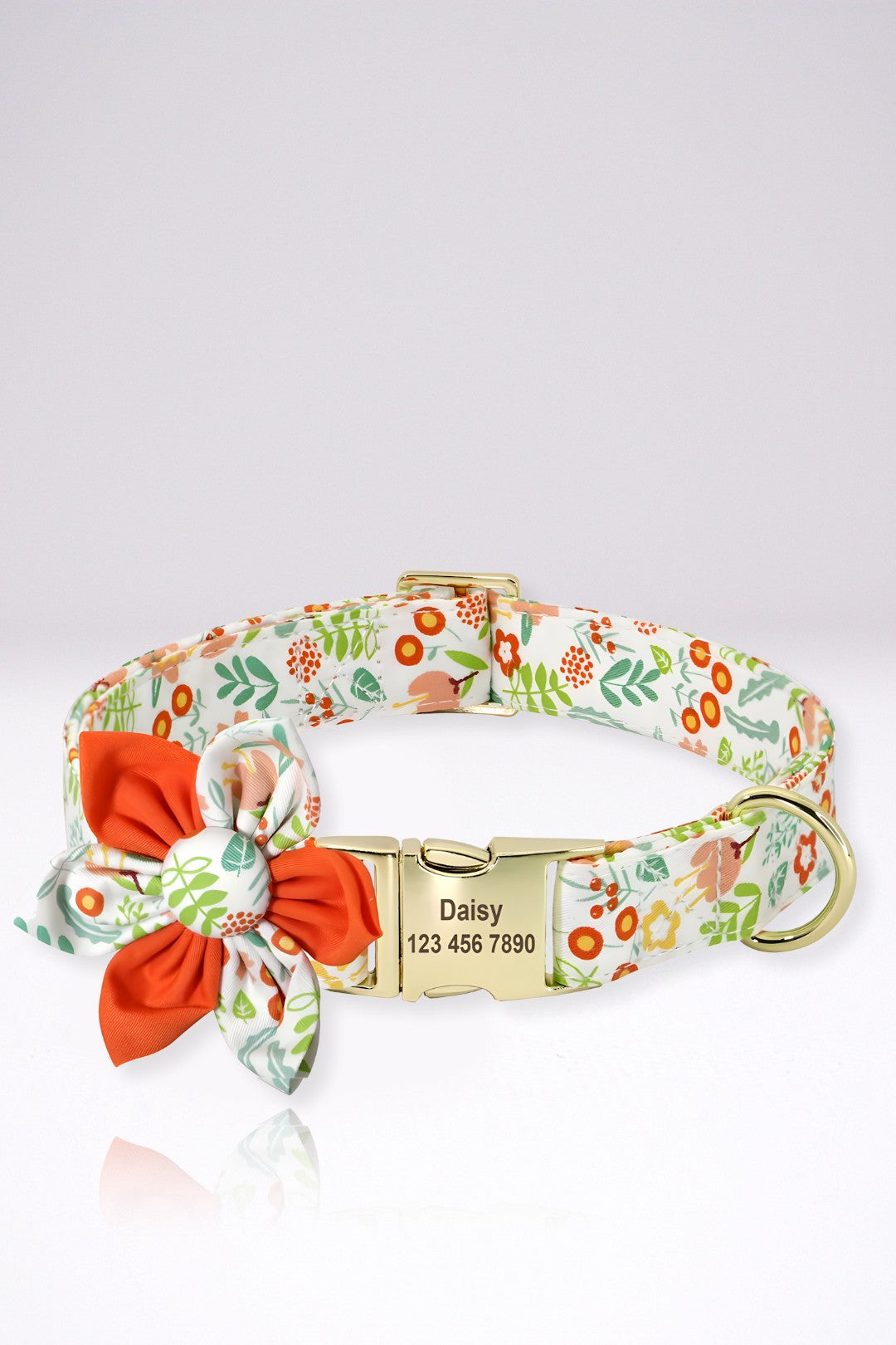 Collier Chien Personnalisé Julie Orange et Blanc Fleuri en Nylon