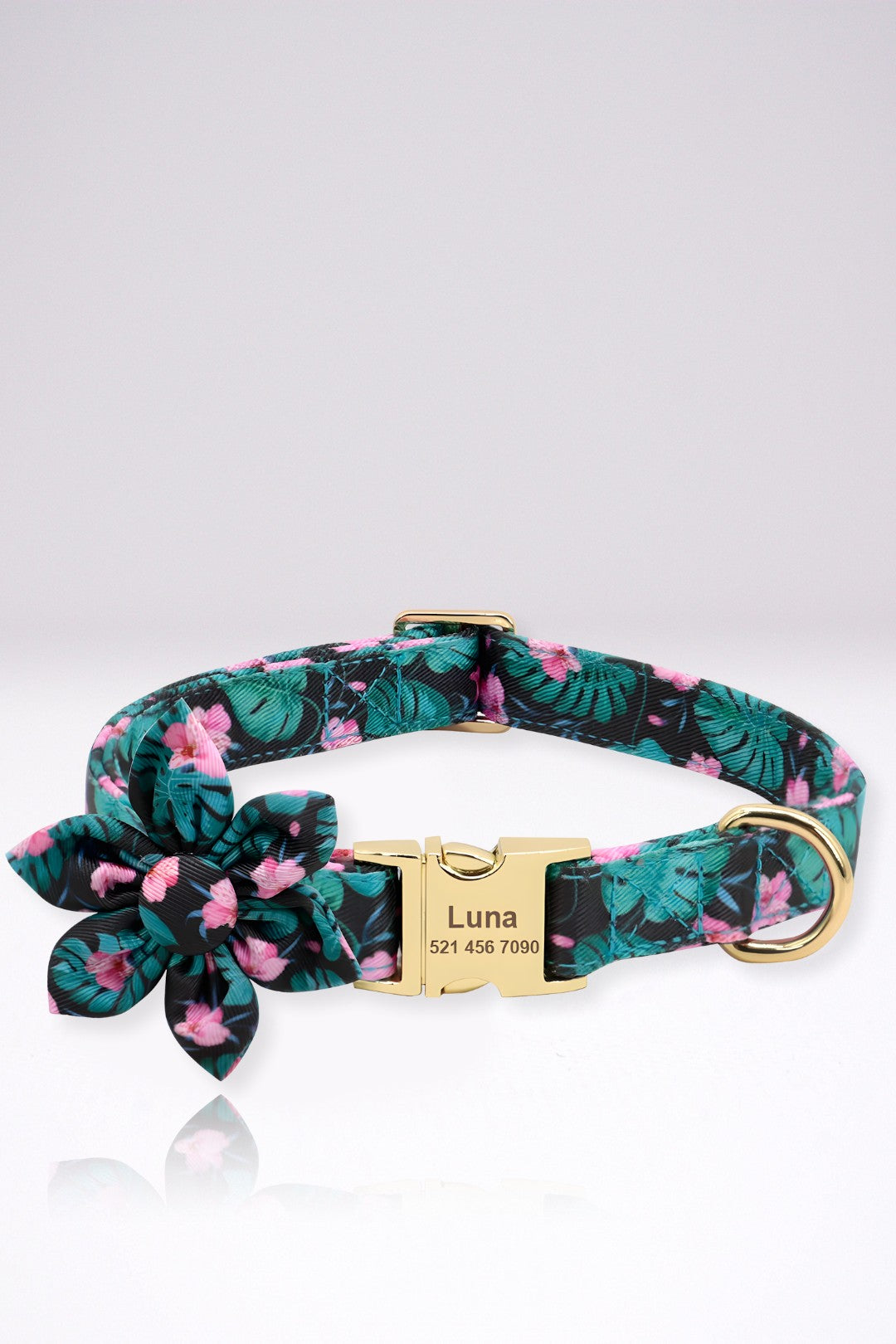 Collier Chien Personnalisé Julie Vert Fleuri Foncé en Nylon