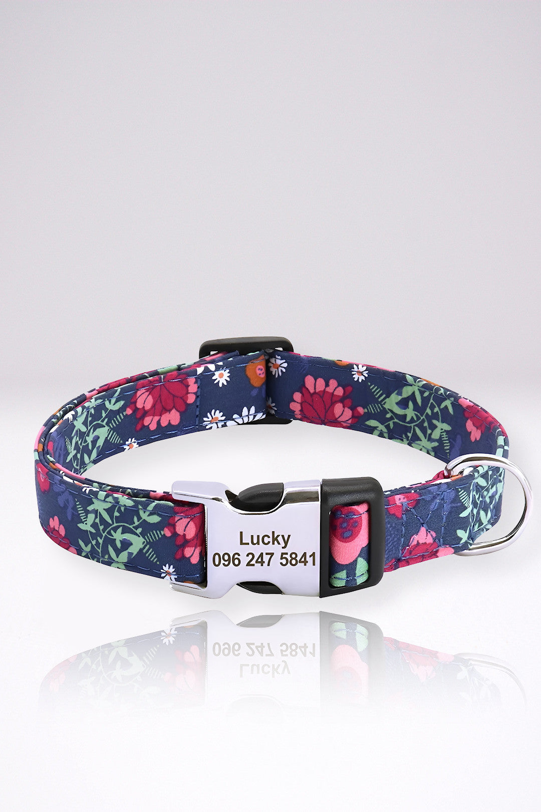 Collier Chien Personnalisé Alexandra Bleu Marine Fleuri en Nylon